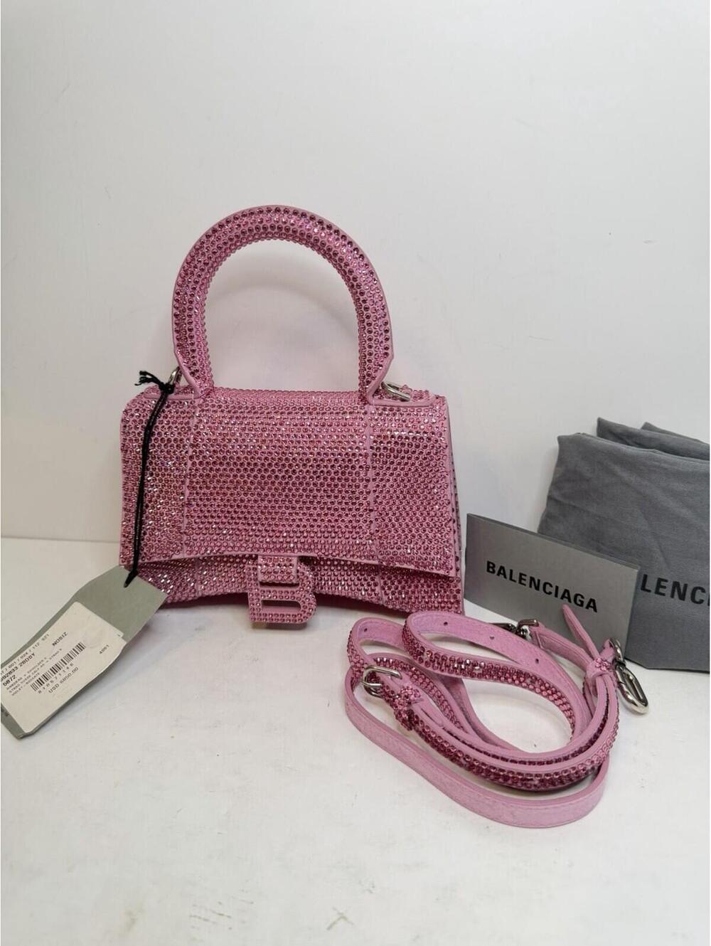 $6850 Balenciaga Hourglass XS Crystal Pink Top Handle Bag W Strap NWT